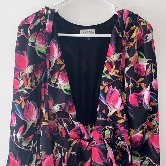 DELFI Collective Black Pink Floral Tie Front Lindsay Dress - Picture 7 of 12